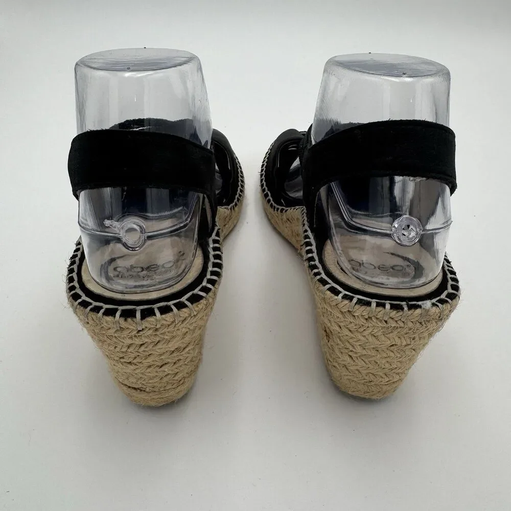 ABEO Delano Espadrille Wedge Sandal Black Leather Peep Toe Slip On 9N Crisscross